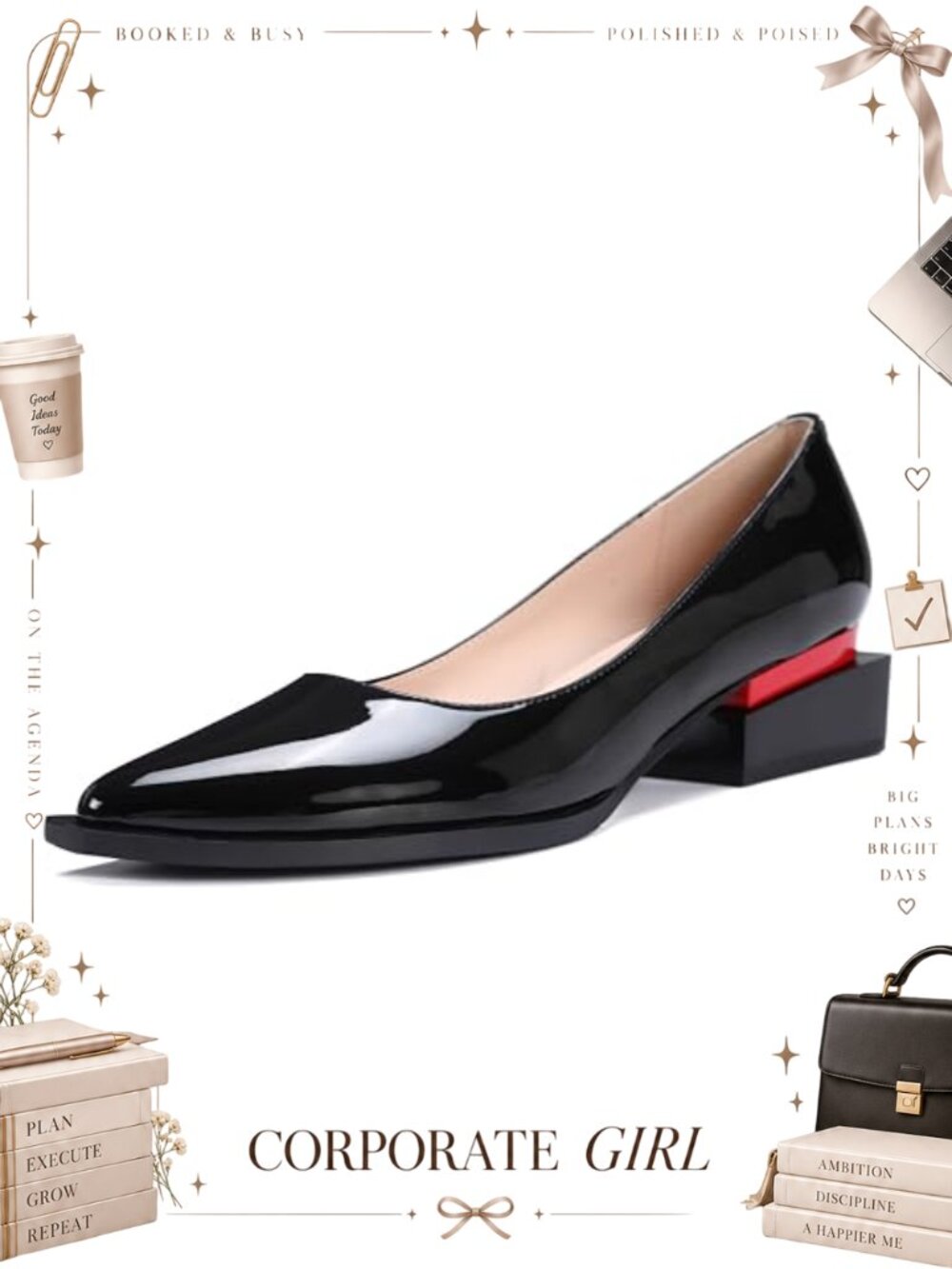 Womens Pointed Toe Chunky Heel Pumps with Arch Support Comfortable Dress Shoes